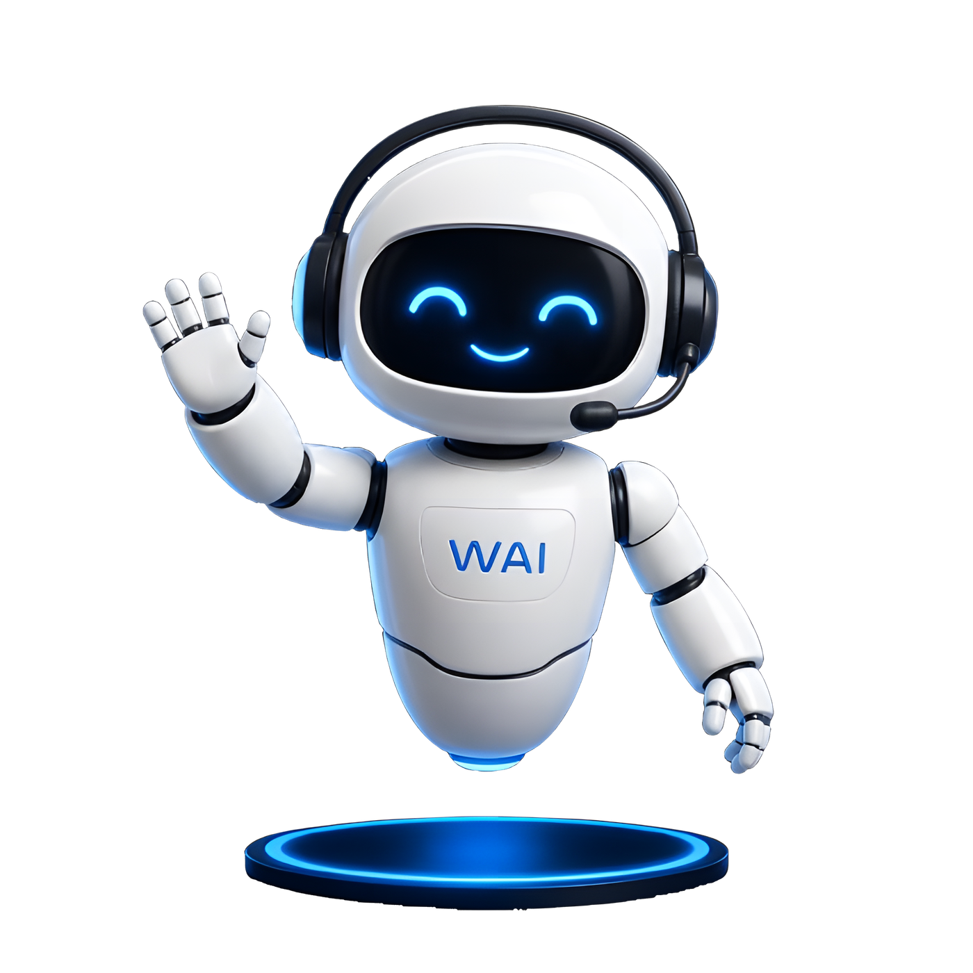 WAI 3D robot wearing headphones and a microphone, waving